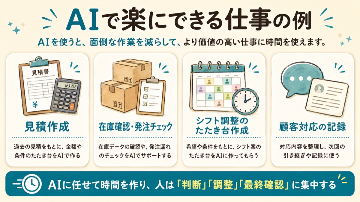 見積作成、在庫確認、シフト調整、顧客対応記録などAIで楽にできる仕事の例を示した図解
