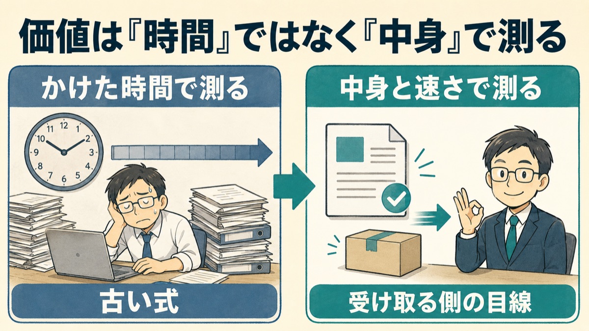 仕事の価値の測り方の変化を示した図。「かけた時間で測る」から「出てきたものの質と速さで測る」への転換。受け取る側にとって大事なのは中身とタイミング