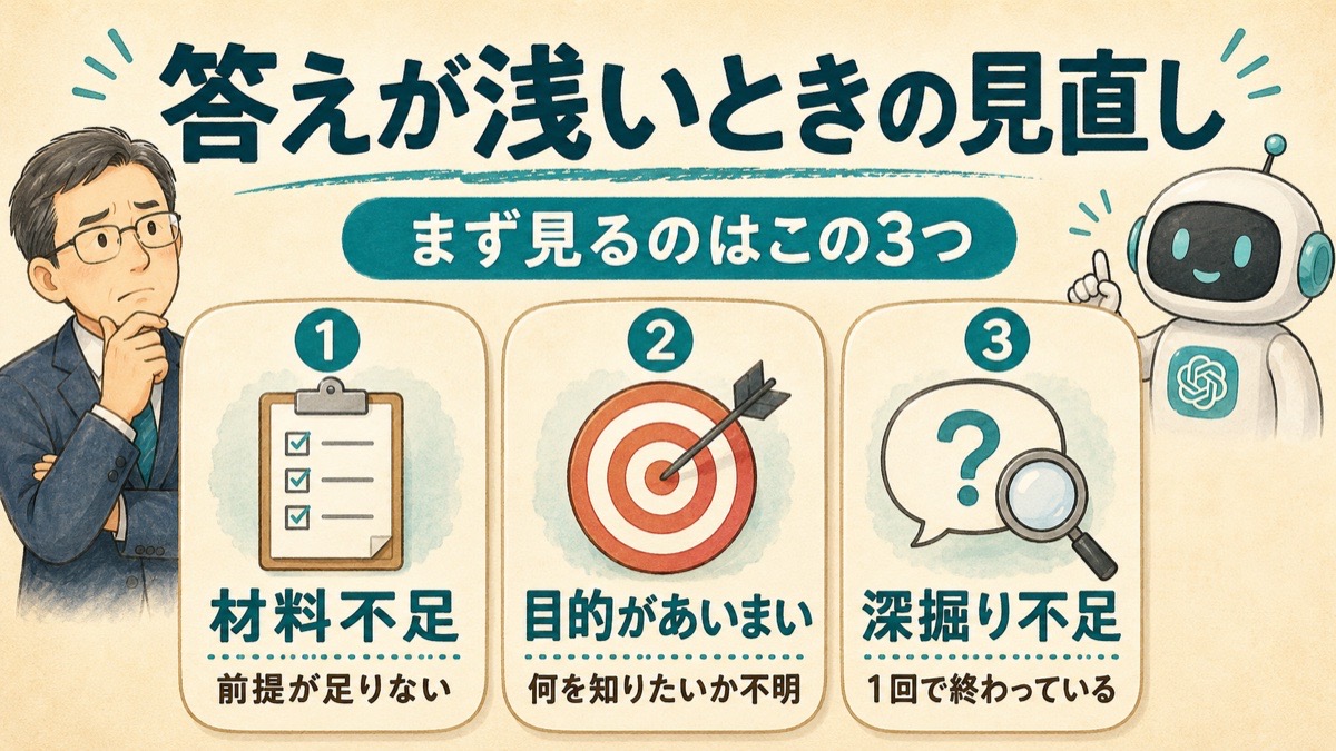 答えが浅いときの見直し方法。まず見るのは材料不足・目的があいまい・深掘り不足の3つ