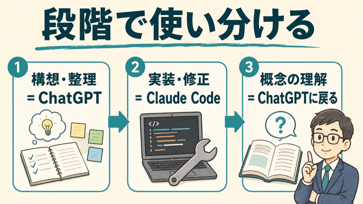 開発の段階ごとの使い分けを示した図。構想と整理はChatGPT、実装と修正はClaude Code、概念の理解はChatGPTに戻る、という行き来の流れ