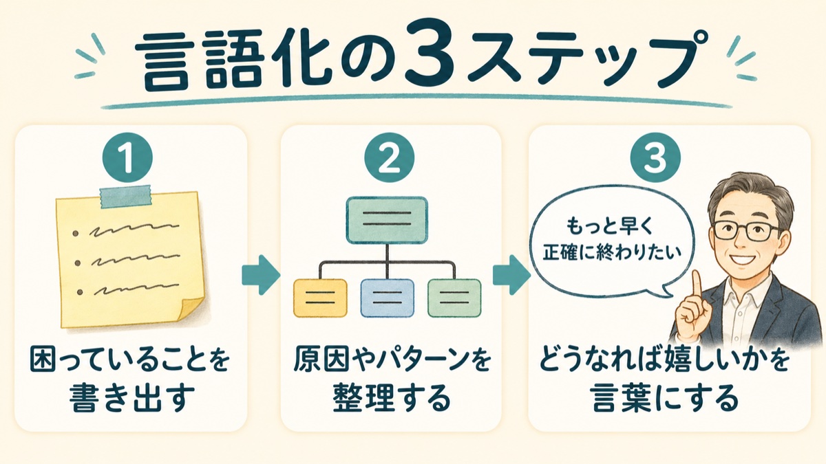 言語化の3ステップ。困っていることを書き出す、原因やパターンを整理する、どうなれば嬉しいかを言葉にする