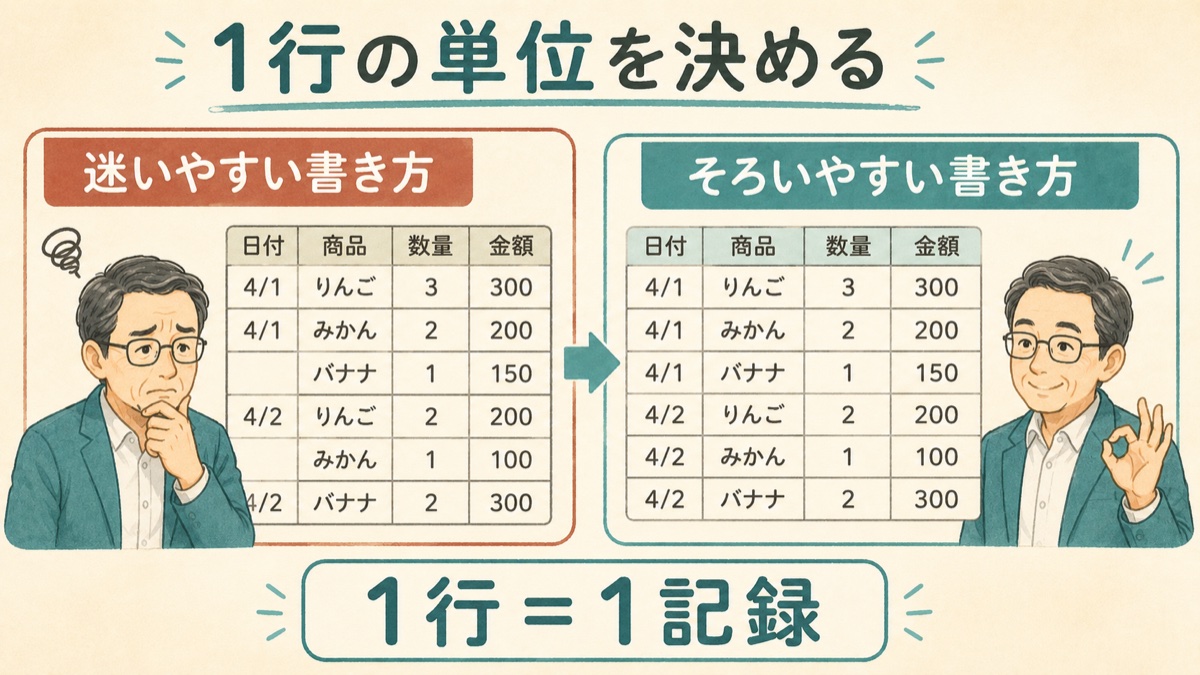1行の単位を決める図解。迷いやすい書き方とそろいやすい書き方の比較。1行=1記録