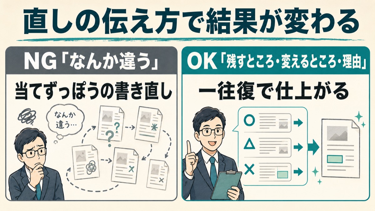 AIへの直しの伝え方の悪い例と良い例の比較図。「なんか違う」では当てずっぽうの書き直しになる。「残すところ・変えるところ・理由」を伝えると一往復で仕上がる