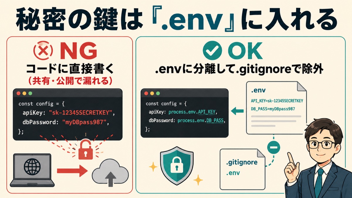 APIキーの管理ルールを示した図。コードに直接書くと共有や公開で鍵ごと漏れる。.envファイルに分けて、.gitignoreで公開対象から除外するのが基本