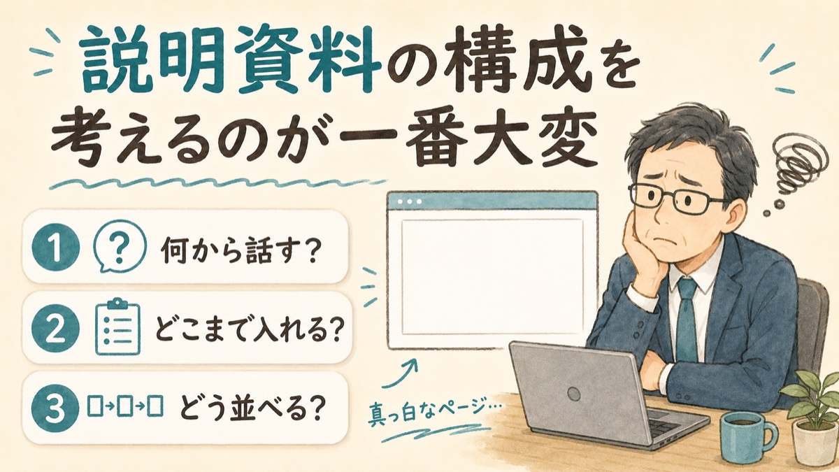 説明資料の構成を考えるのが一番大変で、白紙のスライドを前に悩む会社員の図