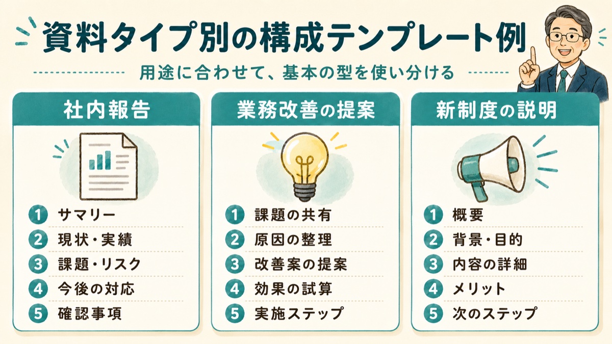 社内報告、業務改善の提案、新制度の説明という資料タイプ別の構成テンプレート例