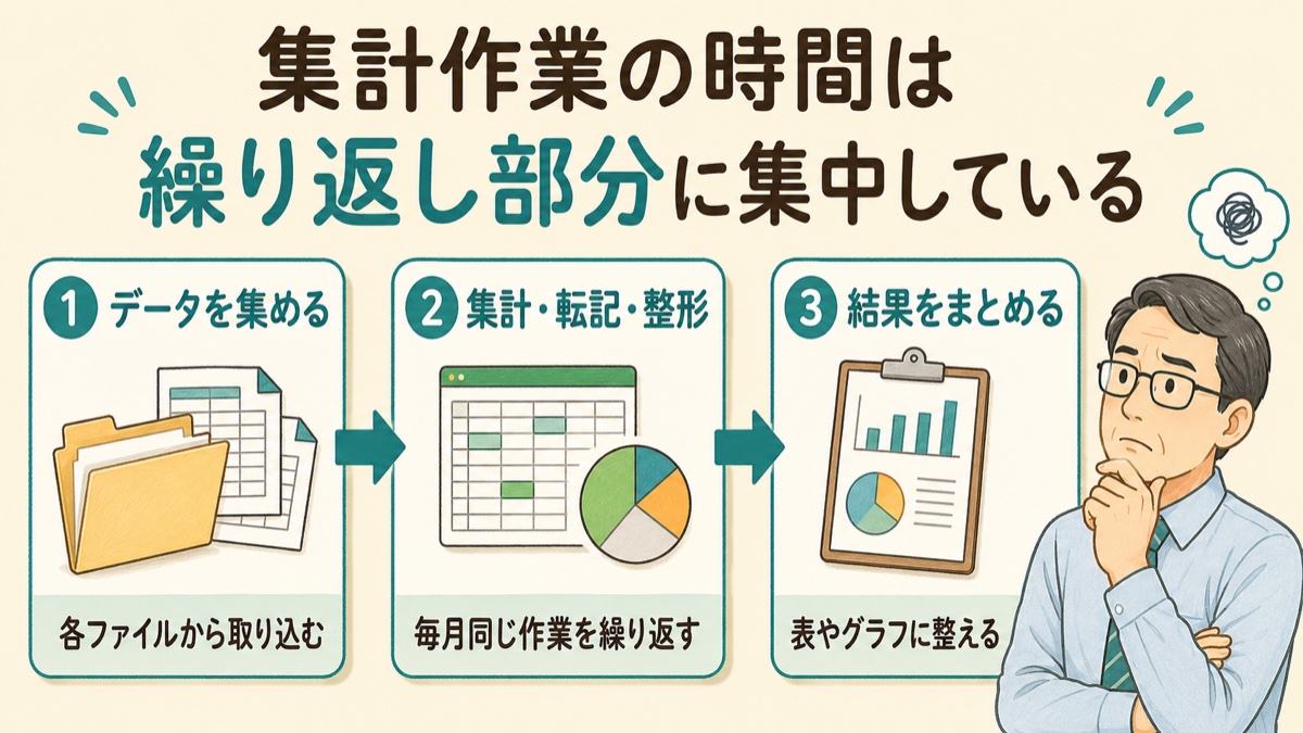 集計作業の時間は繰り返し部分に集中していることを示す図