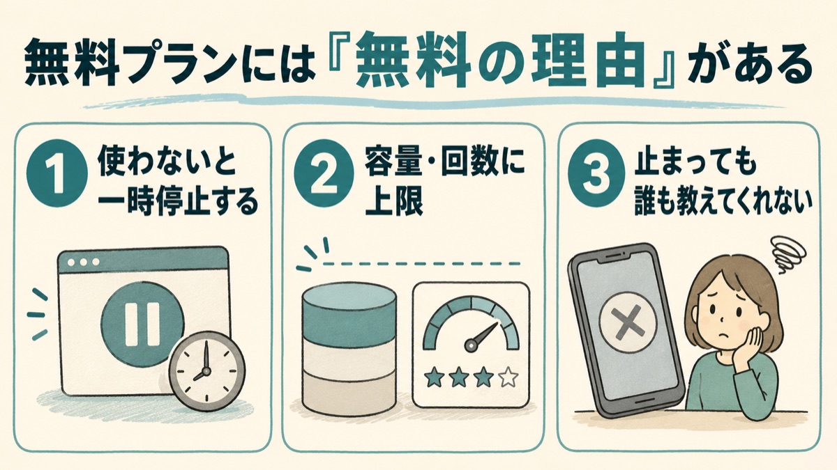 無料プランの主な注意点を示した図。一定期間使わないと一時停止する、容量や回数に上限がある、止まっても自分で気づいて再開する必要がある、の3点