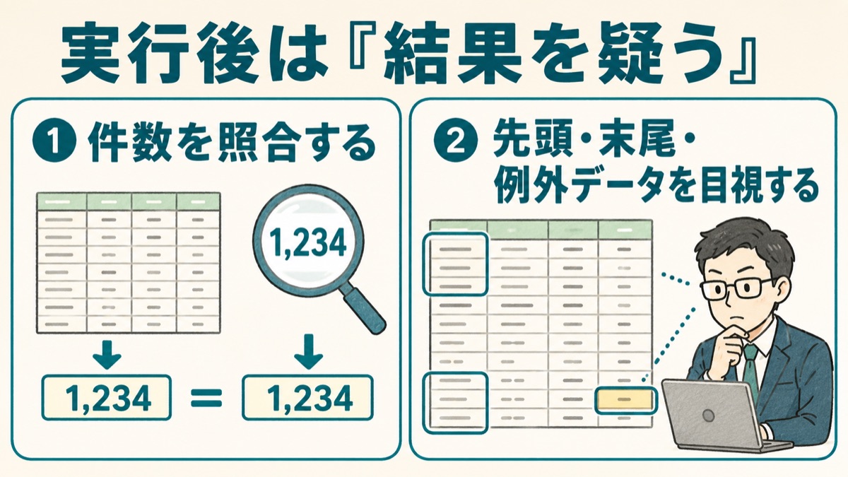 VBA実行後の確認2項目を示した図。①件数の照合(元データと処理後の件数を比べる)、②先頭・末尾・例外データの目視確認